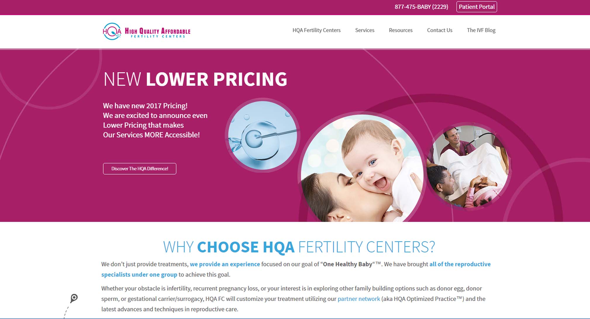 High Quality Affordable (HQA) Fertility Centers website design and development home page