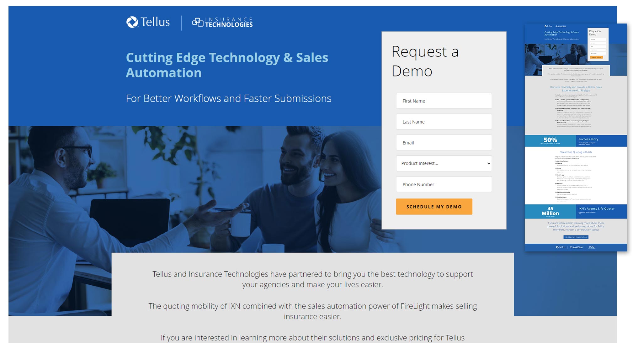Tellus/Insurance Technologies website landing page design and development