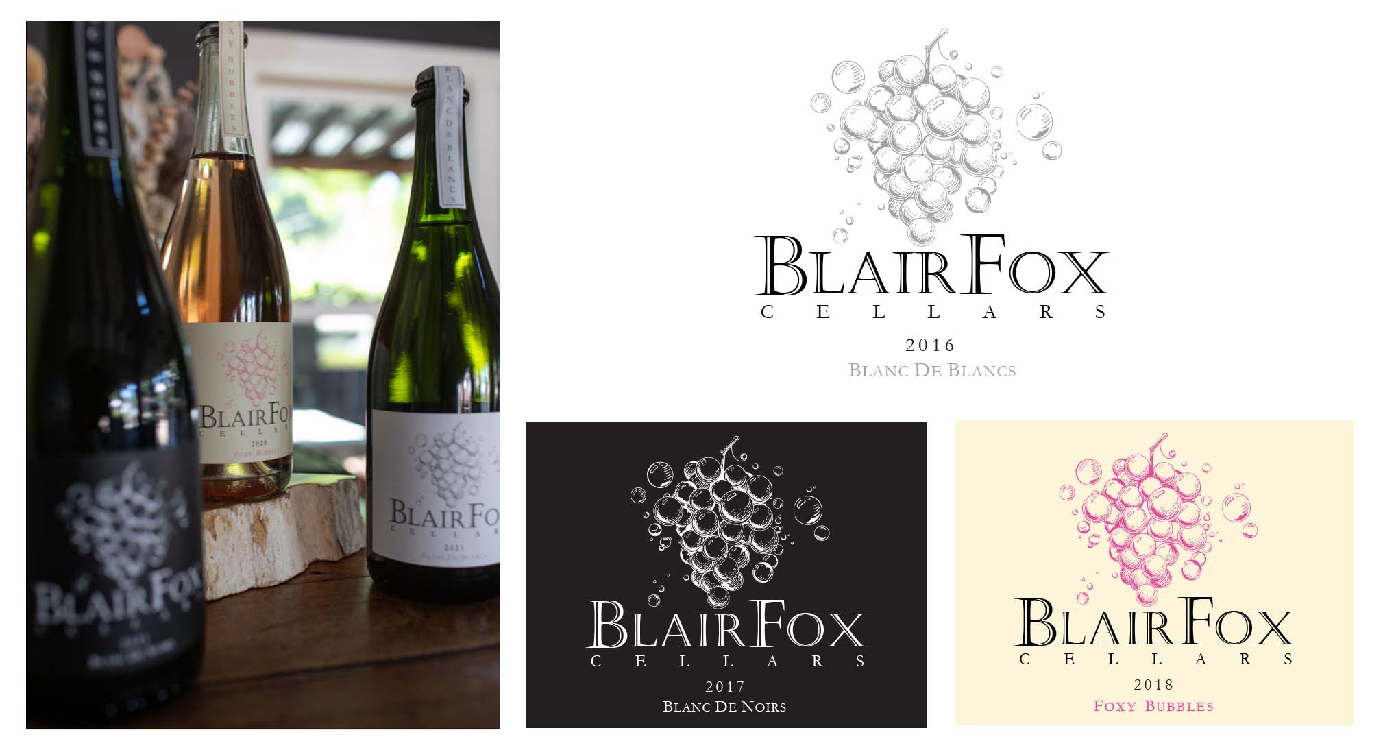 Blair Fox Cellars wine label designs blanc du blanc and blanc du noirs