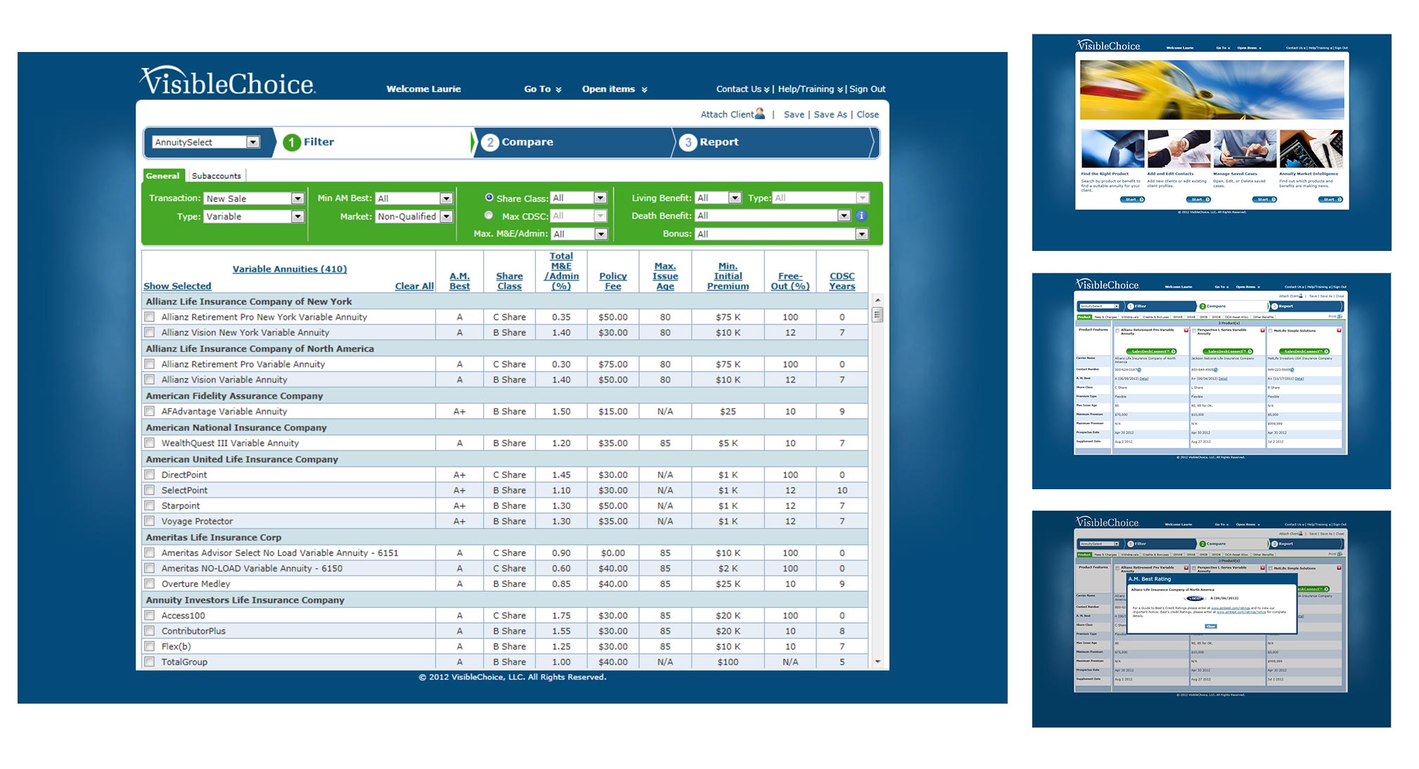 Insurance Technologies VisibleChoice Annuity select and comparison SaaS UI Design